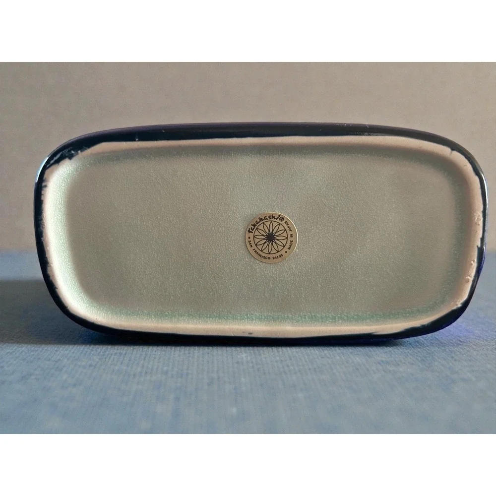 Takahashi Porcelain Crackle Green Cat Trinket Box‎ Colbalt Blue Japan Vintage